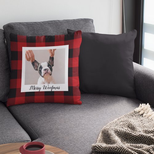 Red Buffalo Plaid  Merry Woofmas With Dog Photo Outdoor Pillow