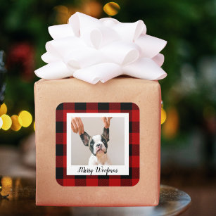 Red Buffalo Plaid & Merry Woofmas With Dog Photo Square Sticker