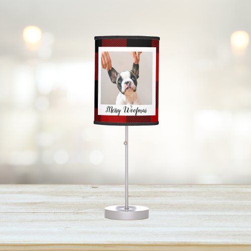 Red Buffalo Plaid  Merry Woofmas With Dog Photo Table Lamp
