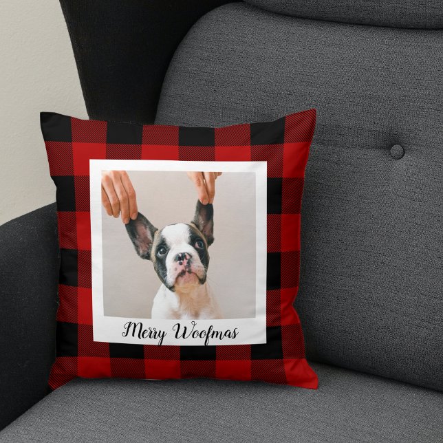 Red Buffalo Plaid & Merry Woofmas With Dog Photo Throw Pillow (Creator Uploaded)