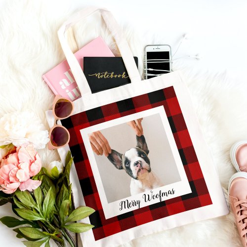 Red Buffalo Plaid  Merry Woofmas With Dog Photo Tote Bag