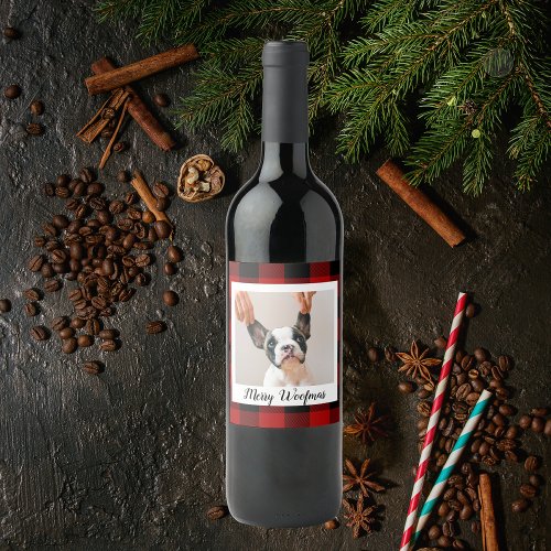 Red Buffalo Plaid  Merry Woofmas With Dog Photo Wine Label