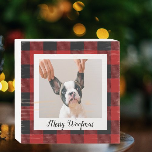 Red Buffalo Plaid  Merry Woofmas With Dog Photo Wooden Box Sign