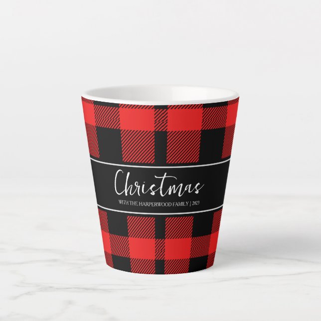 Red Buffalo Plaid Minimalist Christmas Family Name Latte Mug (Front)