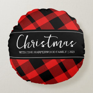 Red Buffalo Plaid Minimalist Christmas Family Name Round Pillow