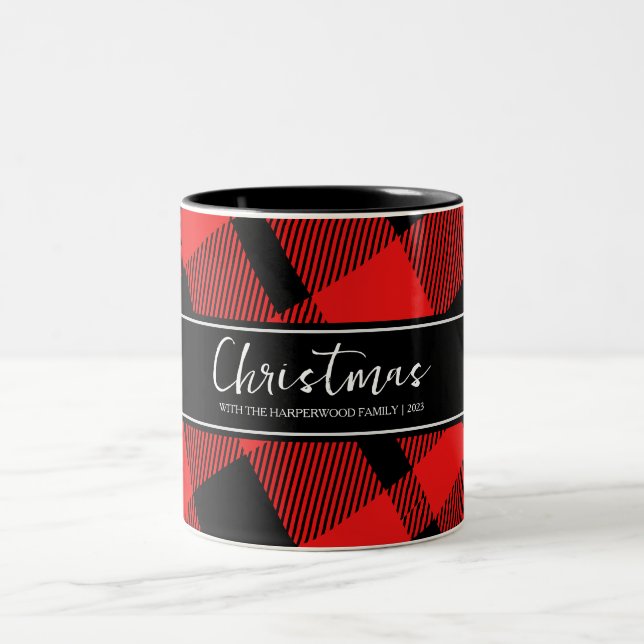 Red Buffalo Plaid Minimalist Christmas Family Name Two-Tone Coffee Mug (Center)