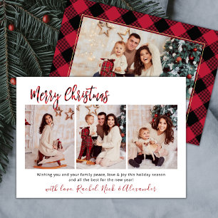 Red Buffalo Plaid Modern 3 Multi Photo Christmas Holiday Card