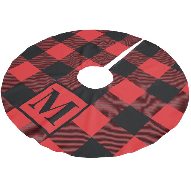 Red Buffalo Plaid Monogram Brushed Polyester Tree Skirt (Angled)