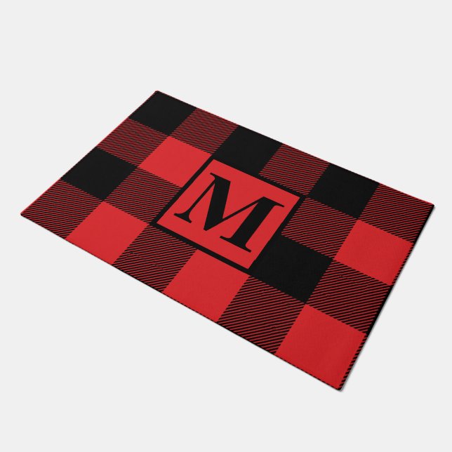 Red Buffalo Plaid Monogram Christmas Doormat (Angled)