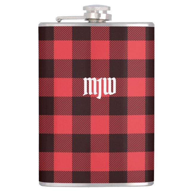 Red Buffalo Plaid Monogram Flask (Front)