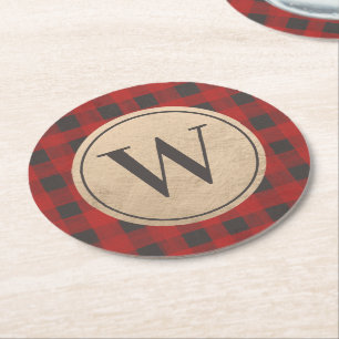Red Buffalo Plaid Monogram Round Paper Coaster
