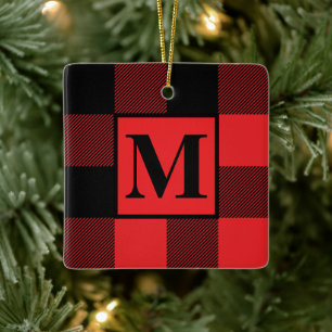 Red Buffalo Plaid Monogram Xmas Ceramic Ornament
