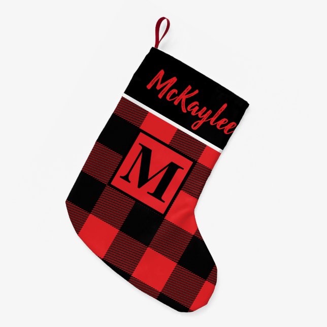 Red Buffalo Plaid Monogram Xmas Small Christmas Stocking (Front (Hanging))