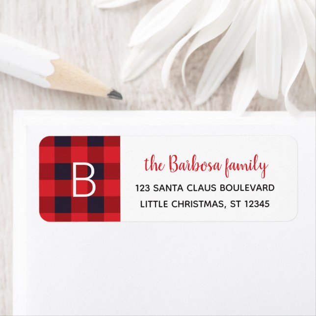 Red Buffalo Plaid Monogrammed Christmas Initial Label (Insitu)