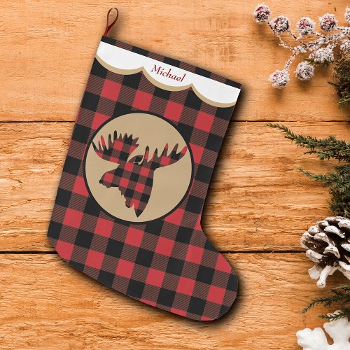 Red Buffalo Plaid Moose Head Personalized Large Christmas Stocking