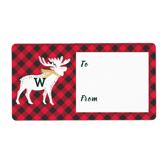 Red Buffalo Plaid Moose Monogram Christmas Label (Front)