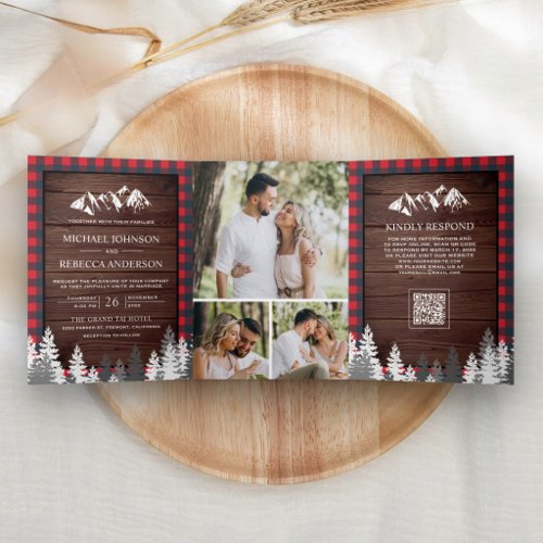 Red Buffalo Plaid Mountain QR Code Wood Wedding Tri-Fold Invitation