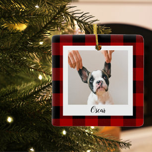 Red Buffalo Plaid & Name And Dog Photo Ceramic Ornament