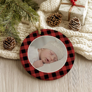 RED BUFFALO PLAID NAME Photo Christmas Keepsake Ornament