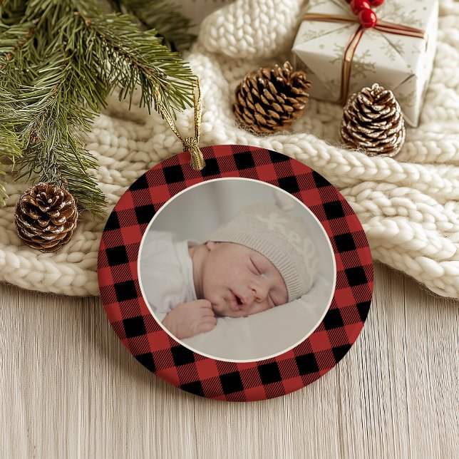 RED BUFFALO PLAID NAME Photo Christmas Keepsake Ornament (Creator Uploaded)