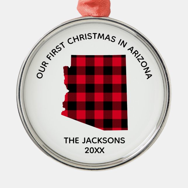 Red Buffalo Plaid Our 1st Christmas in Arizona Metal Ornament (Front)