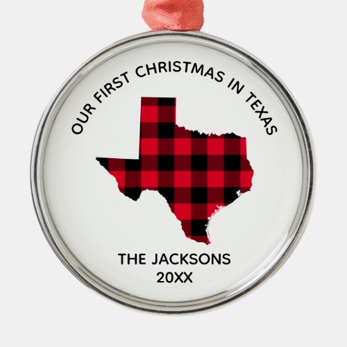 Red Buffalo Plaid Our 1st Christmas in Texas Metal Ornament