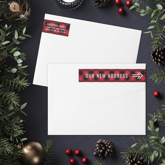 Red Buffalo Plaid Our New Address Christmas Wrap Around Label (Creator Uploaded)