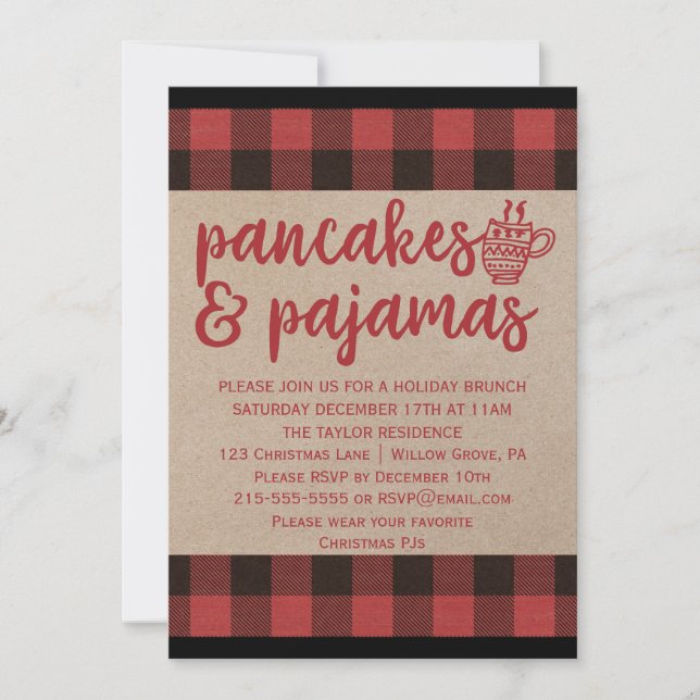 Red Buffalo Plaid Pancakes and Pajamas Party Invitation (Front)