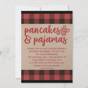 Red Buffalo Plaid Pancakes And Pajamas Party Invitation by ChristmasPaperCo at Zazzle