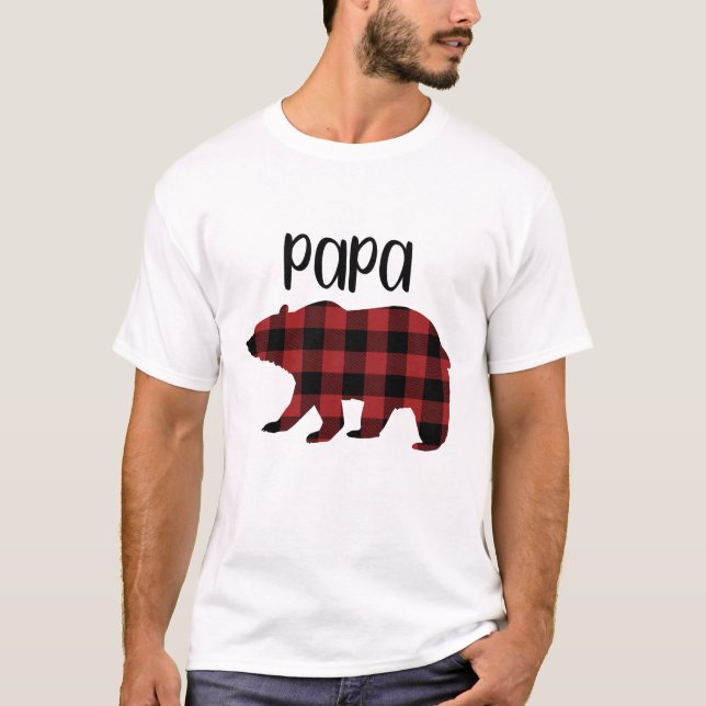 Red Buffalo Plaid Papa Bear Holiday Gift T-Shirt (Front)