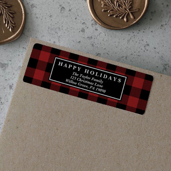 Red Buffalo Plaid Pattern Christmas Card Label by ChristmasPaperCo at Zazzle