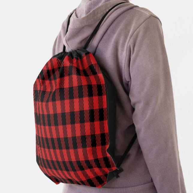 Red Buffalo Plaid Pattern Drawstring Backpack (Insitu)
