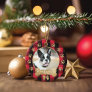 Red Buffalo Plaid Pattern Gold Bow Family Photo Ceramic Ornament