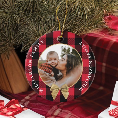 Red Buffalo Plaid Pattern Gold Bow Family Photo Ceramic Ornament