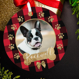 Red Buffalo Plaid Pattern Gold Bow Family Photo Metal Ornament