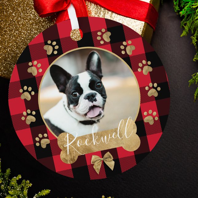 Red Buffalo Plaid Pattern Gold Bow Family Photo Metal Ornament (Red Buffalo Plaid Pattern Gold Bow Family Photo Metal Ornament)