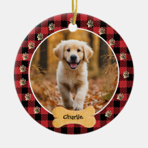 Red Buffalo Plaid Pattern Gold Pet Print Family Ceramic Ornament