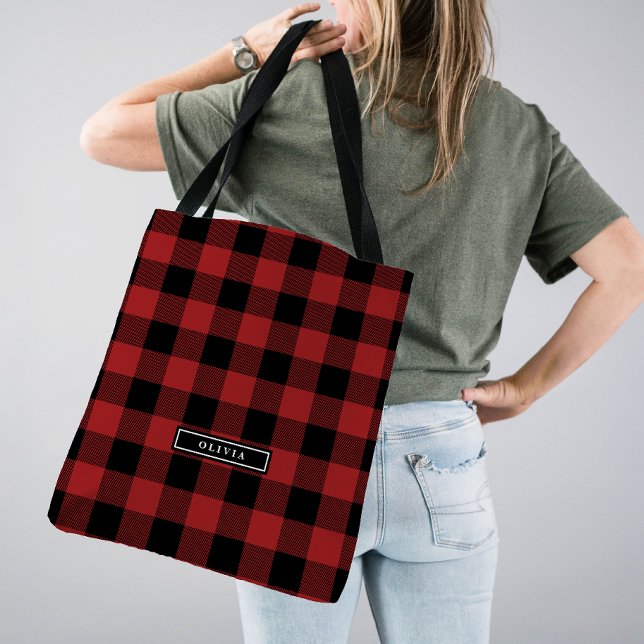 Red Buffalo Plaid Pattern Monogrammed Bridesmaid Tote Bag (Creator Uploaded)