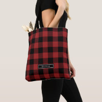 Red Buffalo Plaid Pattern Monogrammed Bridesmaid Tote Bag