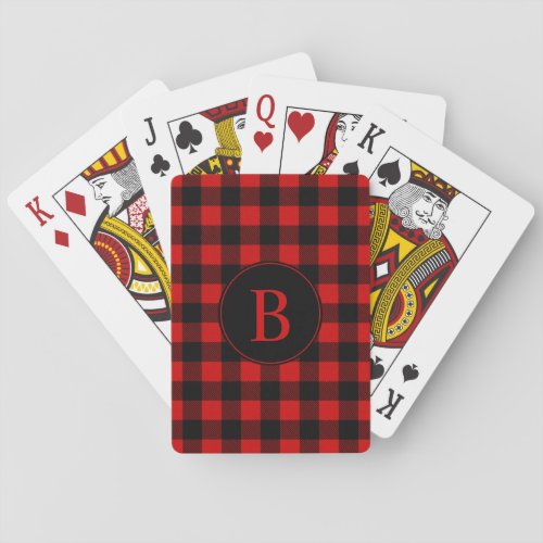 Red Buffalo Plaid Pattern with Monogram Playing Cards