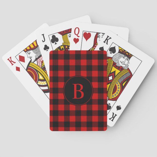 Red Buffalo Plaid Pattern with Monogram Poker Cards (Back)