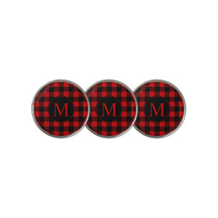 Red Buffalo Plaid Pattern with Your Monogram Golf Ball Marker