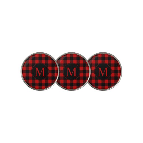 Red Buffalo Plaid Pattern with Your Monogram Golf Ball Marker