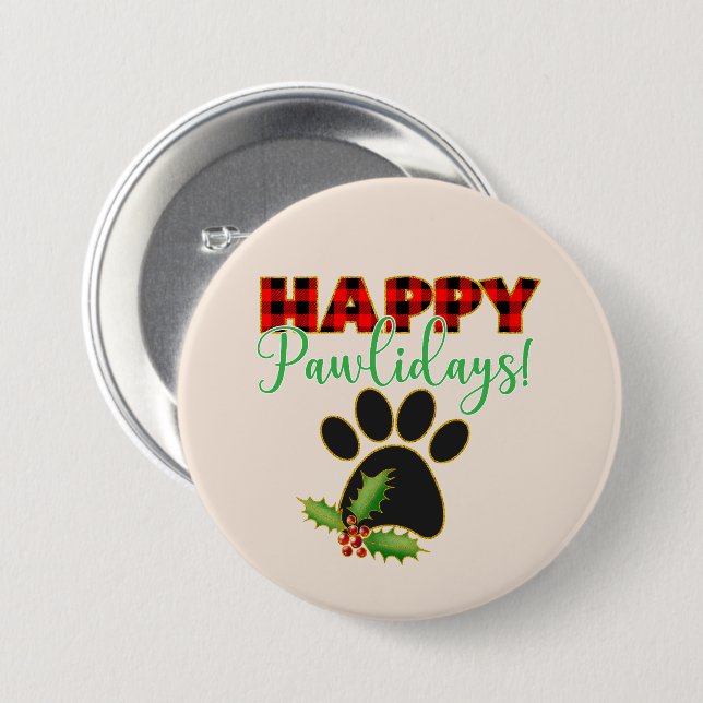 Red Buffalo Plaid Paw Print Christmas Button (Front & Back)