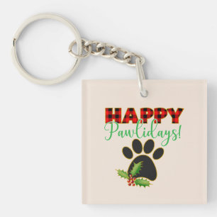 Red Buffalo Plaid Paw Print Christmas Keychain