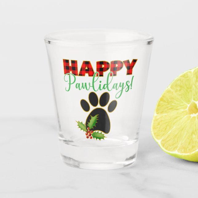Red Buffalo Plaid Paw Print Christmas  Shot Glass (Front)