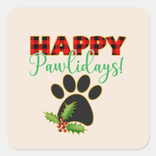 Red Buffalo Plaid Paw Print Christmas Square Sticker
