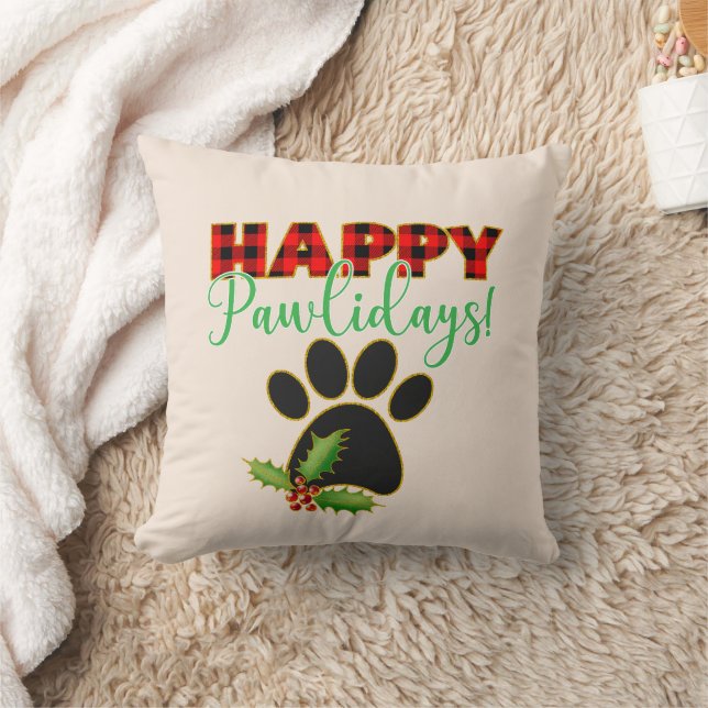 Red Buffalo Plaid Paw Print Christmas Throw Pillow (Blanket)