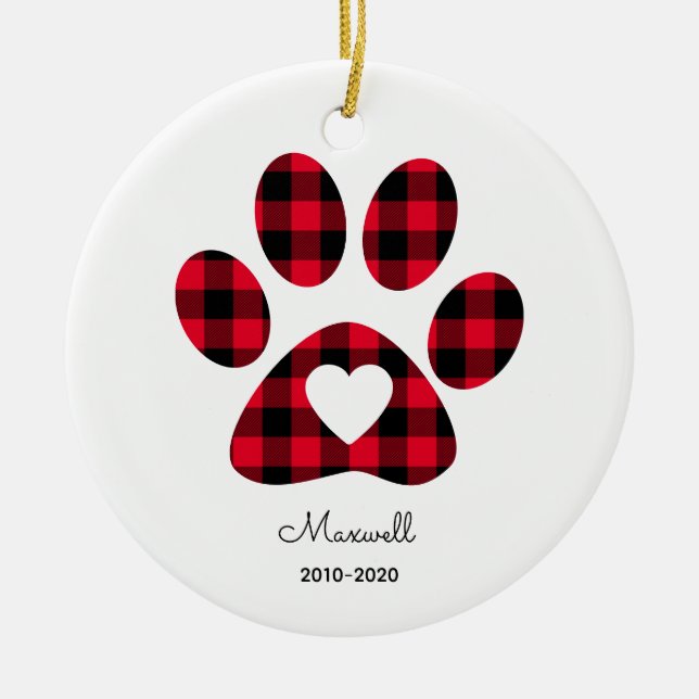 Red Buffalo Plaid Paw Print White Heart Ceramic Ornament (Front)