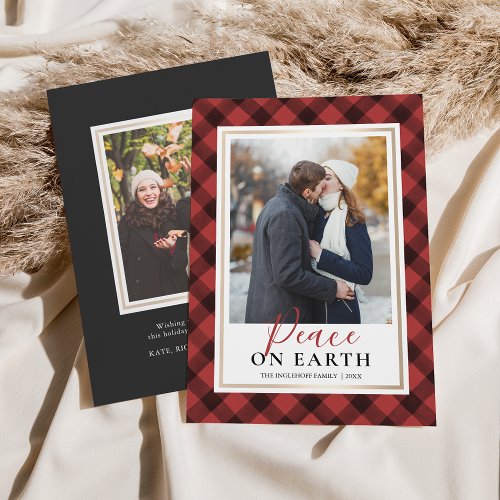 Red Buffalo Plaid Peace On Earth Photo Holiday Card